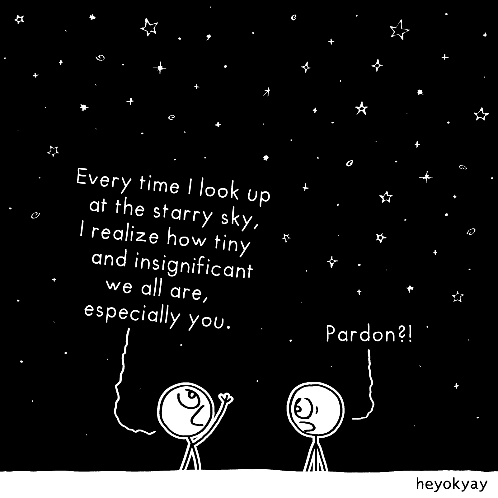 Every time I look up at the starry sky, I realize how tiny and insignificant we all are, especially you. Pardon?! Insignificant heyokyay comic